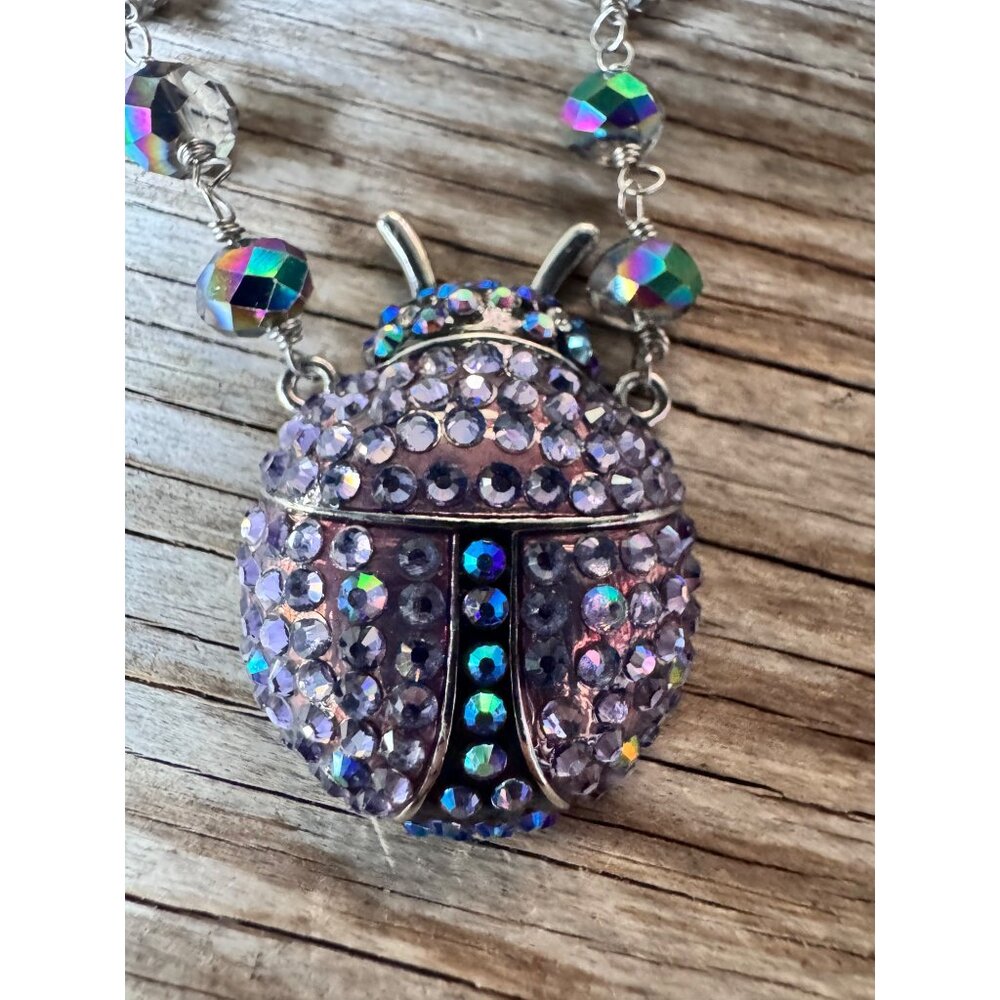 Kirks Folly purple ladybug locket necklace AB crystal beaded chain with Box - Picture 2 of 10